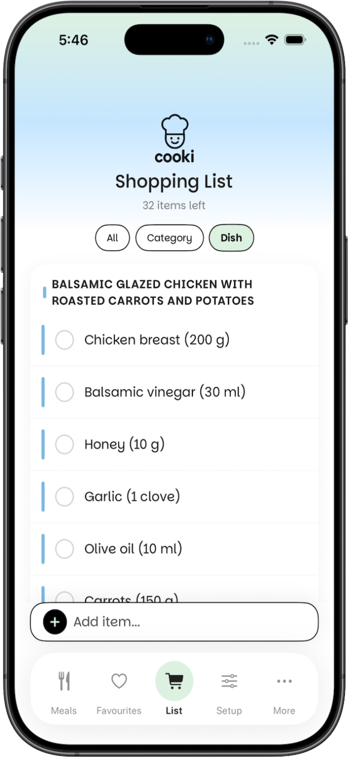 Cooki app — shopping list